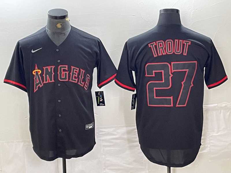 Mens Los Angeles Angels #27 Mike Trout Lights Out Black Fashion Cool base Nike Jersey